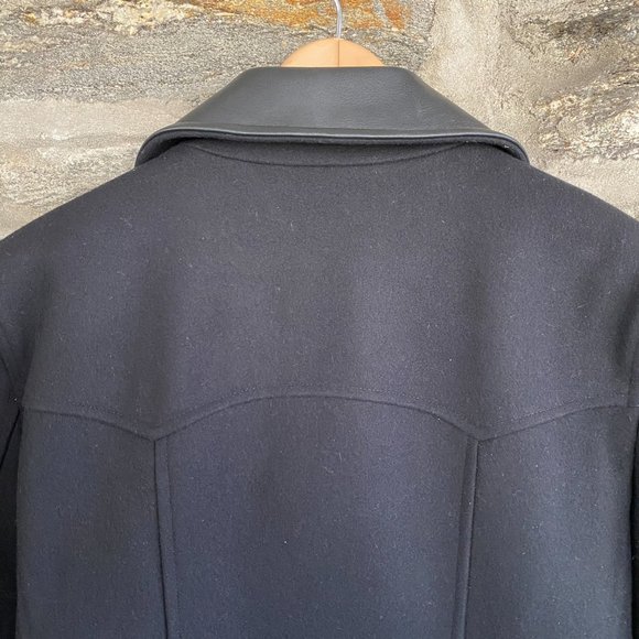 SANDRO Paris Black Leather Trim 100% Wool Pea Coat - Picture 7 of 14